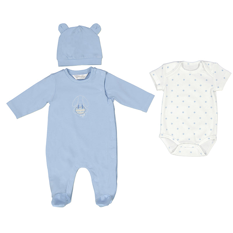 Mayoral Baby Blue Onesie, Bodysuit and  Hat Set _ 1723-36