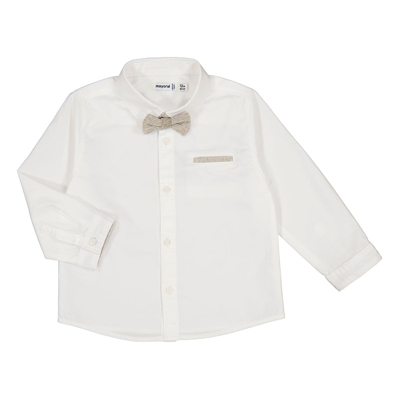 Mayoral Baby White Long Sleeve Cotton Dress Shirt w/ Bow_ 1116-12
