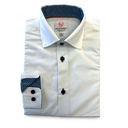 Leo & Zachary Boys White/Navy Stitch Non-Iron Dress Shirt_ P5529