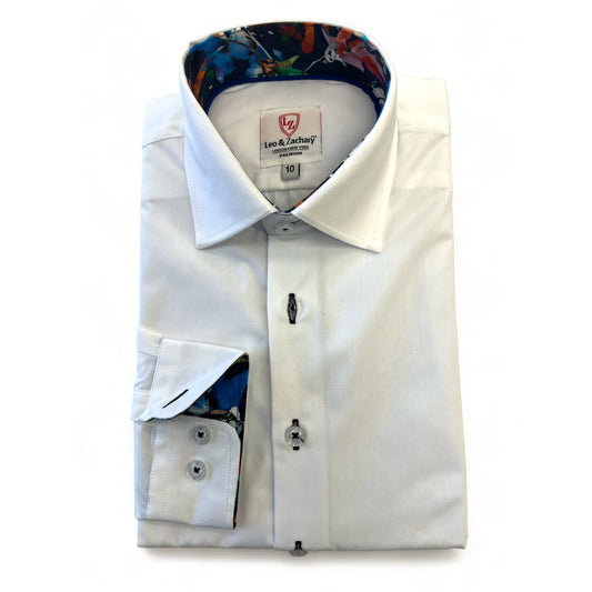 Leo & Zachary Boys White/Navy Stitch Non-Iron Dress Shirt_ P5518