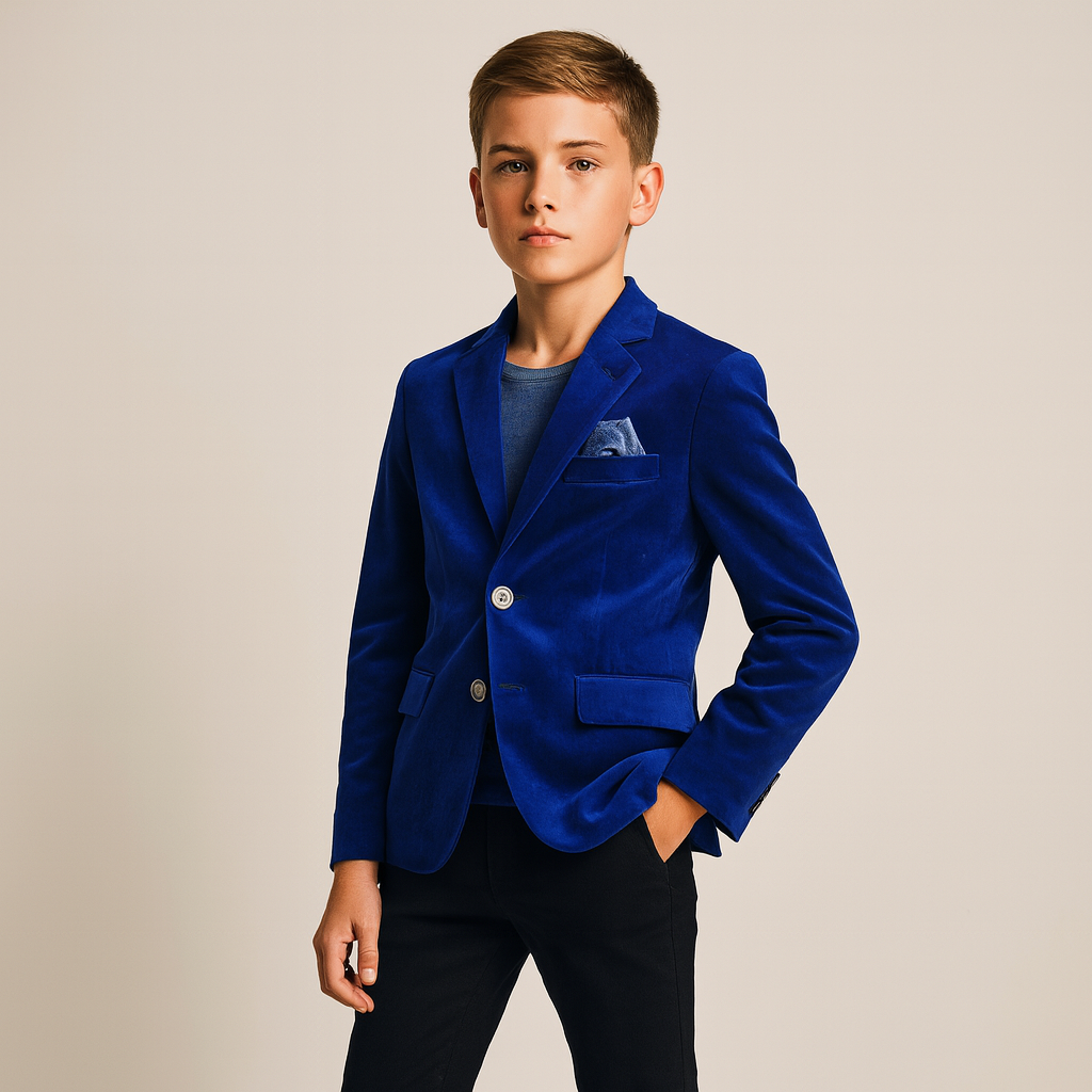 Young boy wearing a blue blazer on a plain background