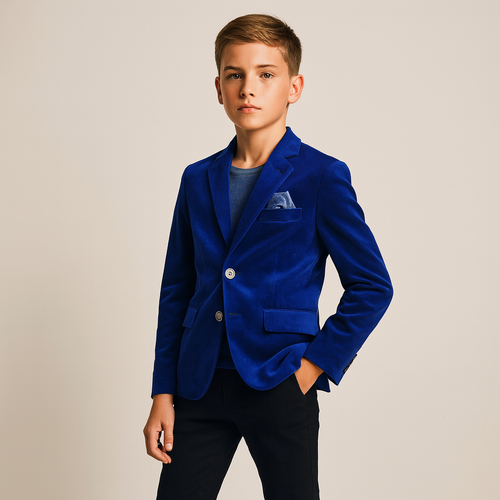 Young boy wearing a blue blazer on a plain background