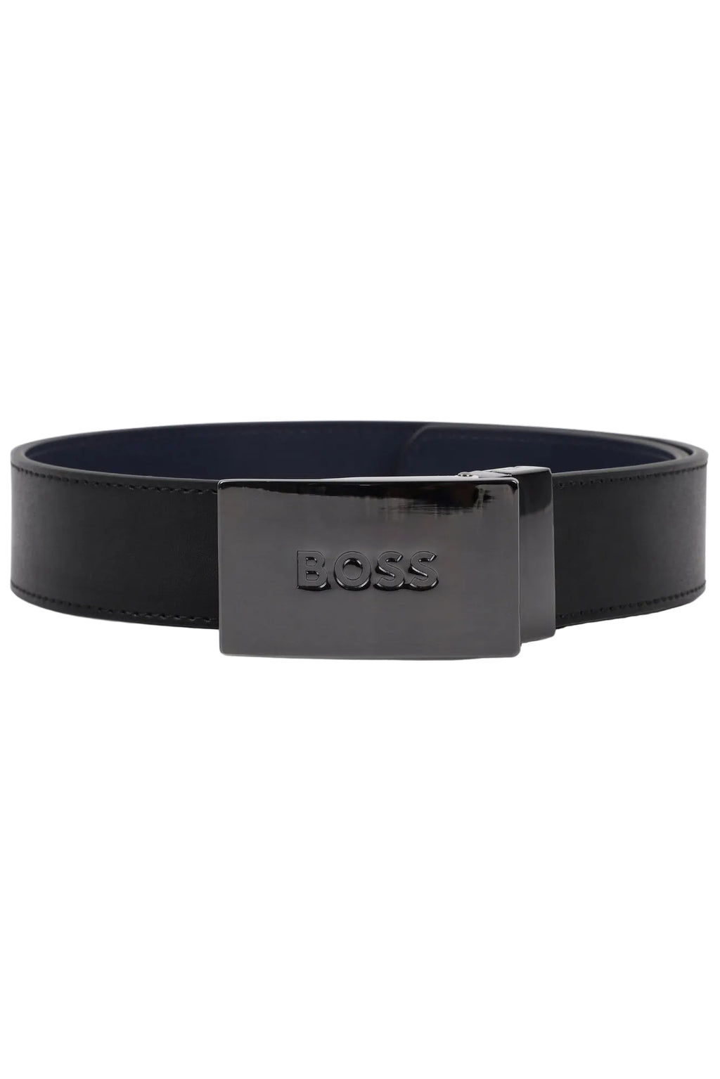 Black belt with a glossy buckle on a white background