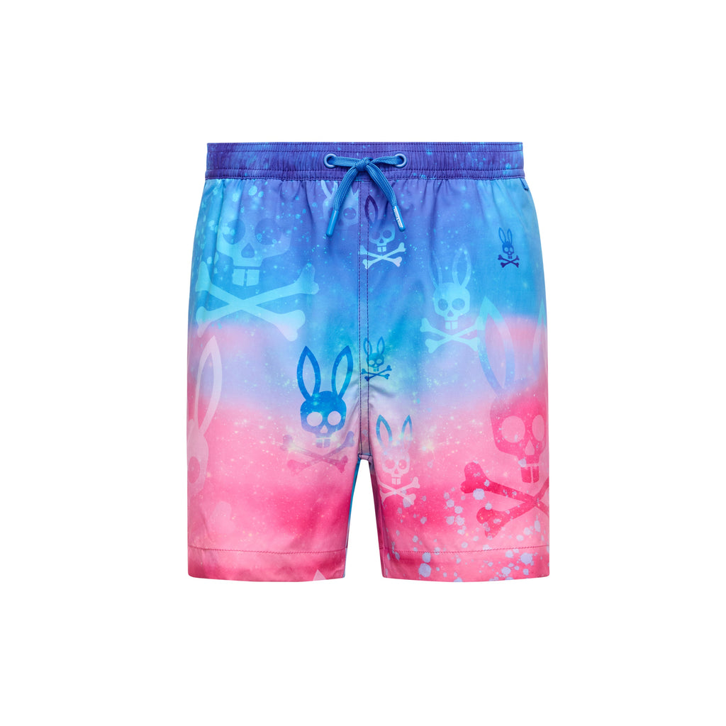 Colorful swim shorts with a abstract design on a white background