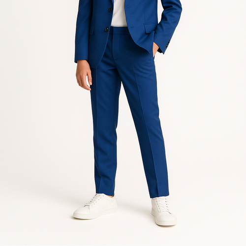 Person wearing a blue suit with a white shirt on a white background