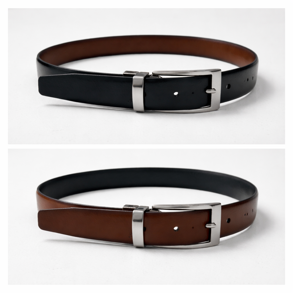 Two black leather belts with silver buckles on a white background