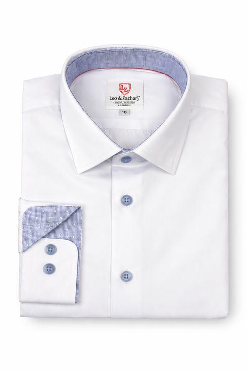 White dress shirt with blue accents and collar, featuring a brand label on a white background.