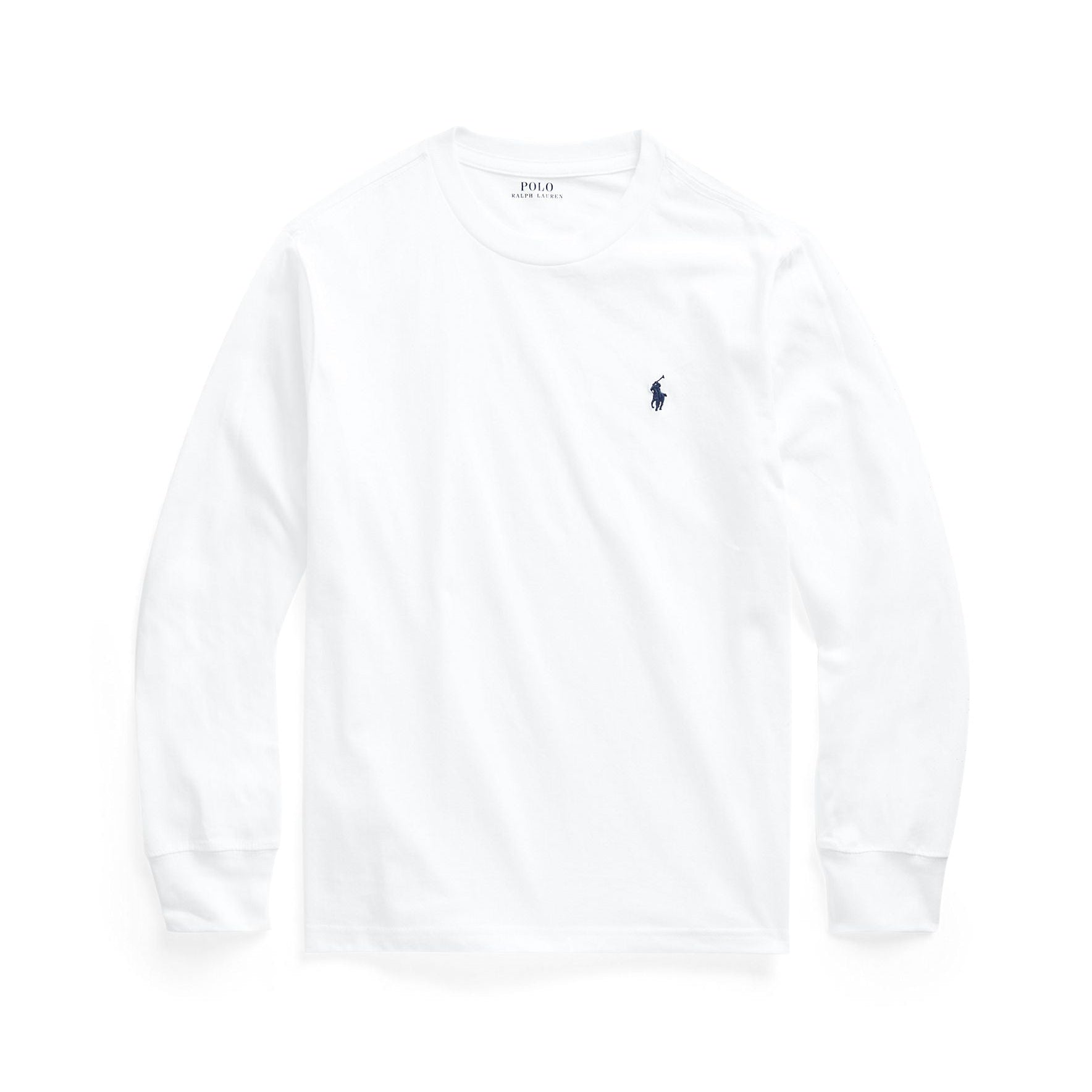 White long-sleeve shirt with a small logo on a white background