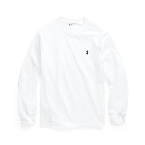 White long-sleeve shirt with a small logo on a white background