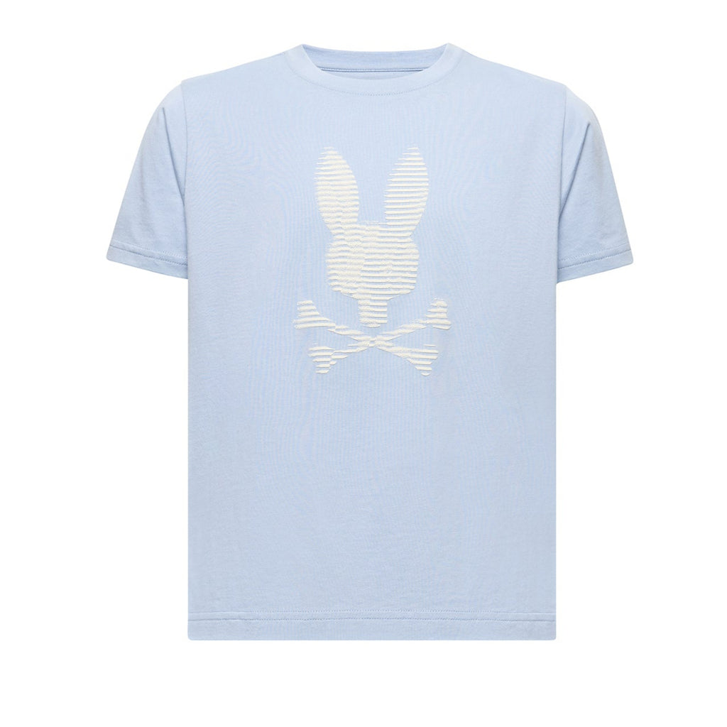 Light blue t-shirt with a white bunny design on a white background