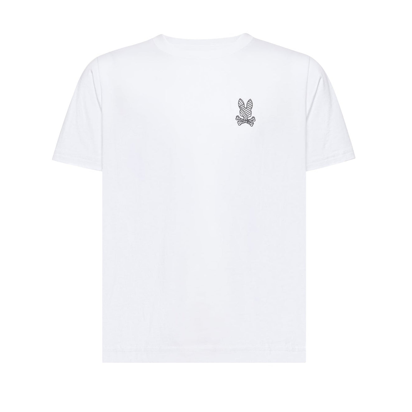 White t-shirt with a small logo on the chest against a white background