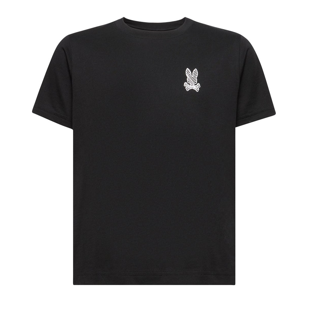 Black t-shirt with a white logo on a white background