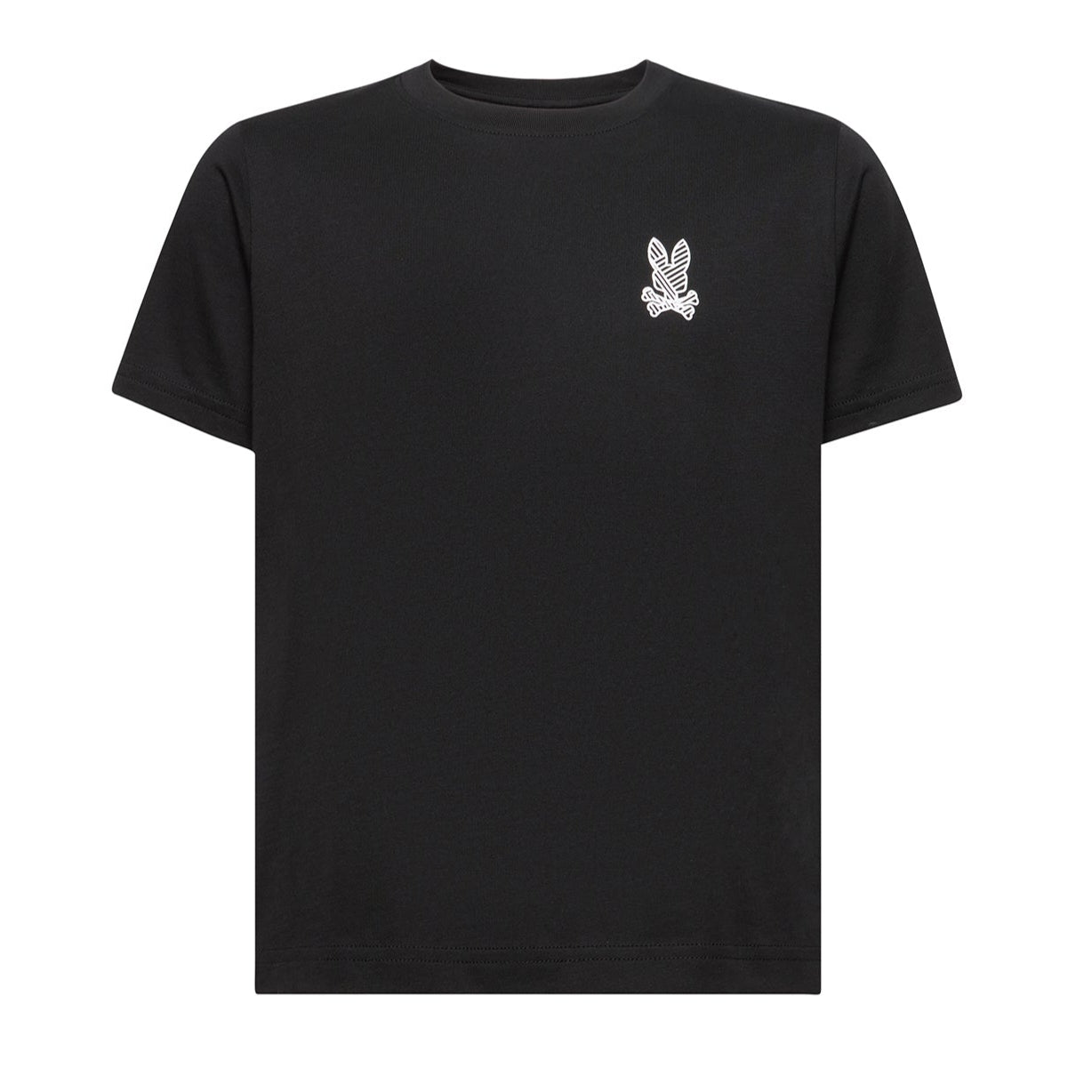 Black t-shirt with a white logo on a white background