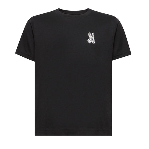 Black t-shirt with a white logo on a white background