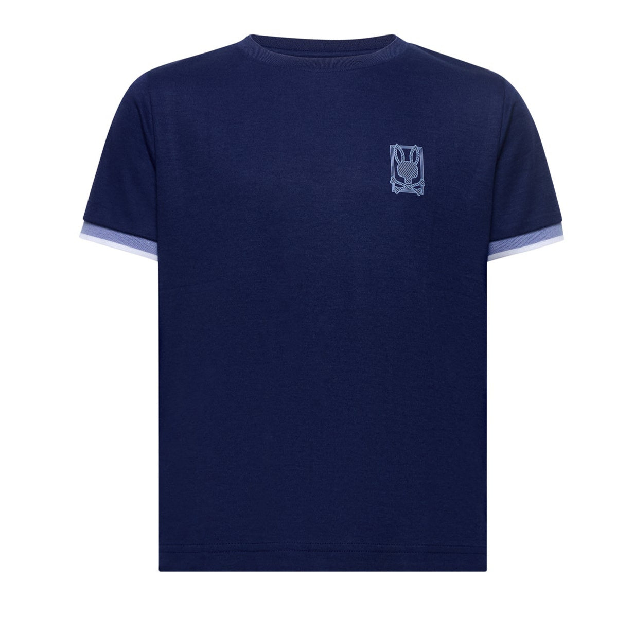 Navy blue t-shirt with a small logo on the chest against a white background