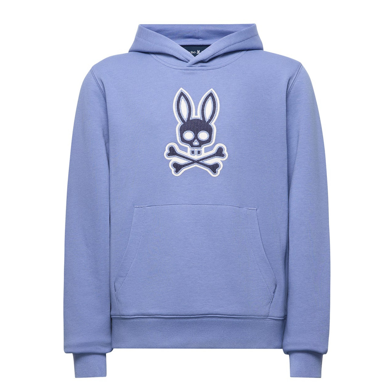 Blue hoodie with a graphic design on a white background