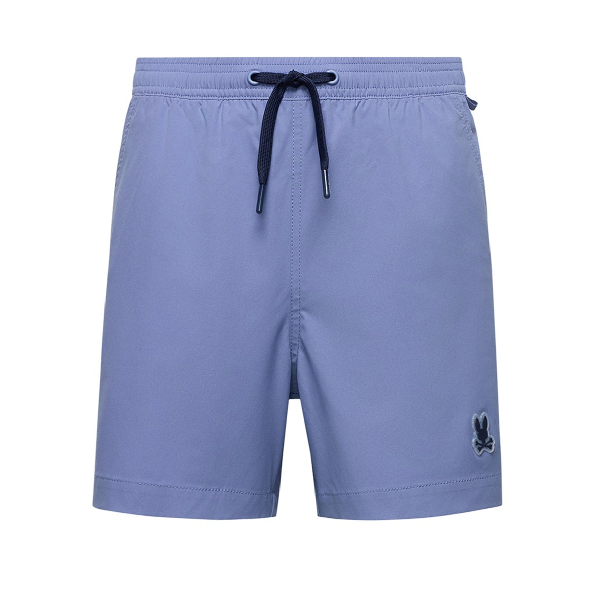 Light blue shorts with a black drawstring and logo on a white background