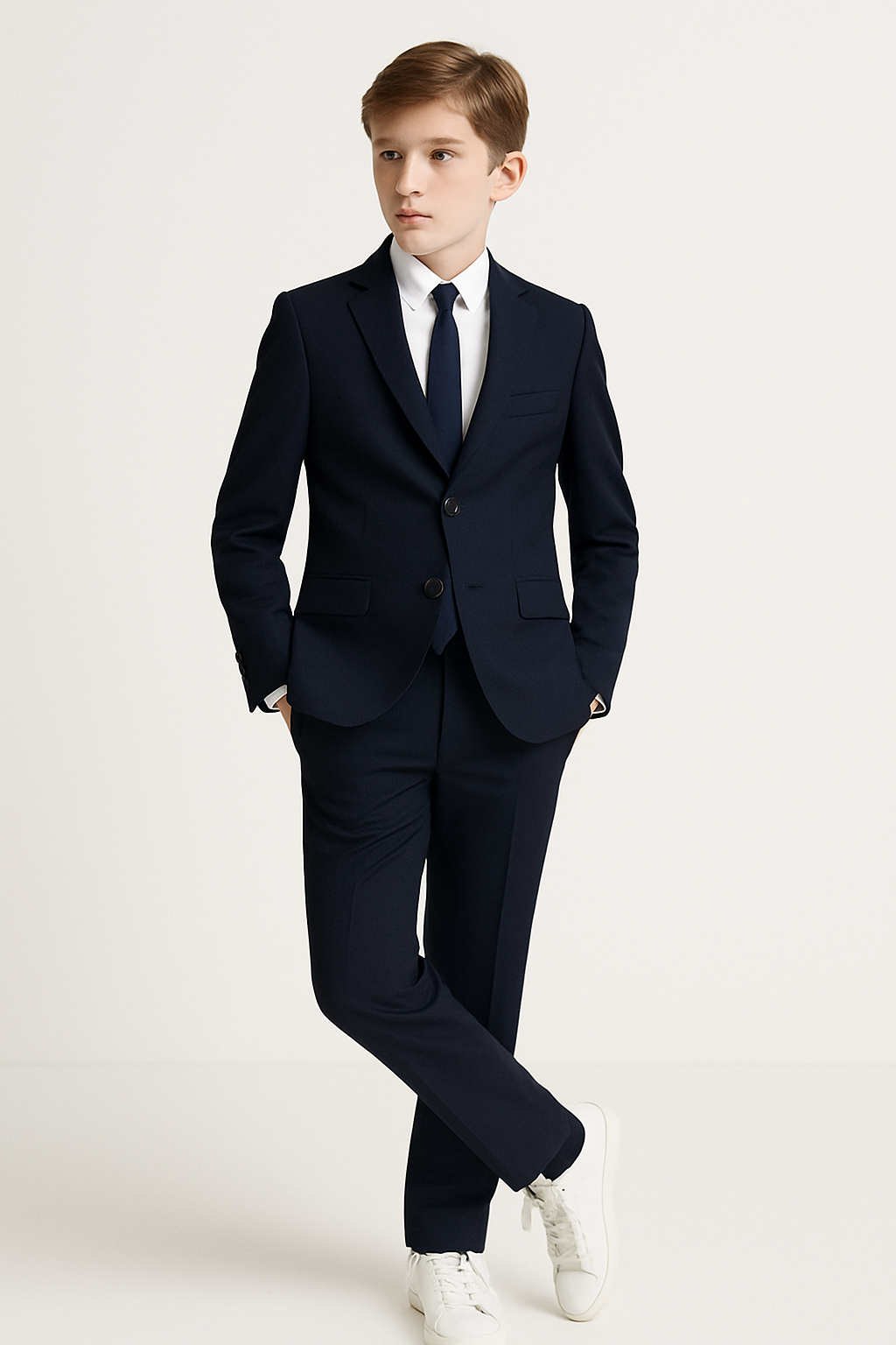 Boy wearing a navy wool Ralph Lauren suit