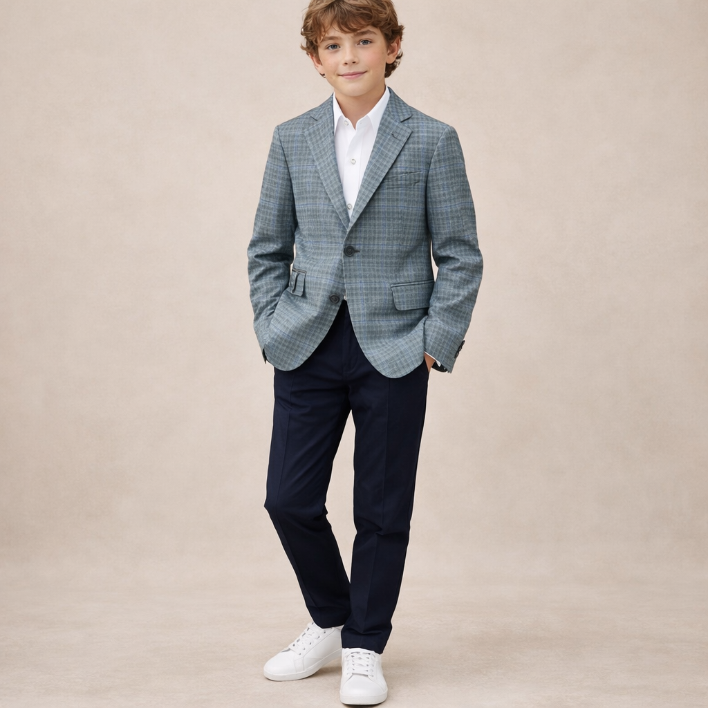 Young boy wearing a checkered blazer, white shirt, navy pants, and white shoes on a beige background