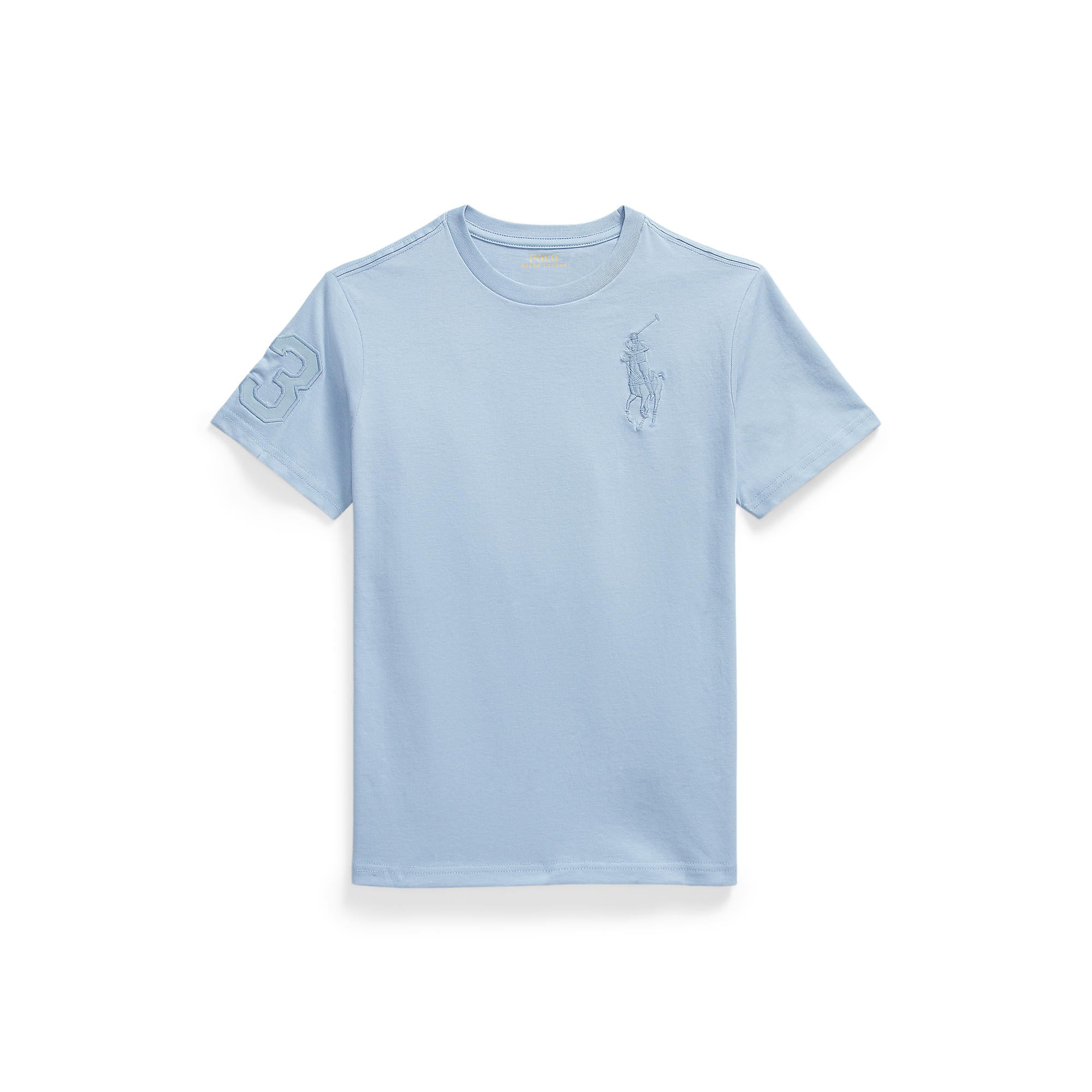 Light blue t-shirt with a small logo on a white background