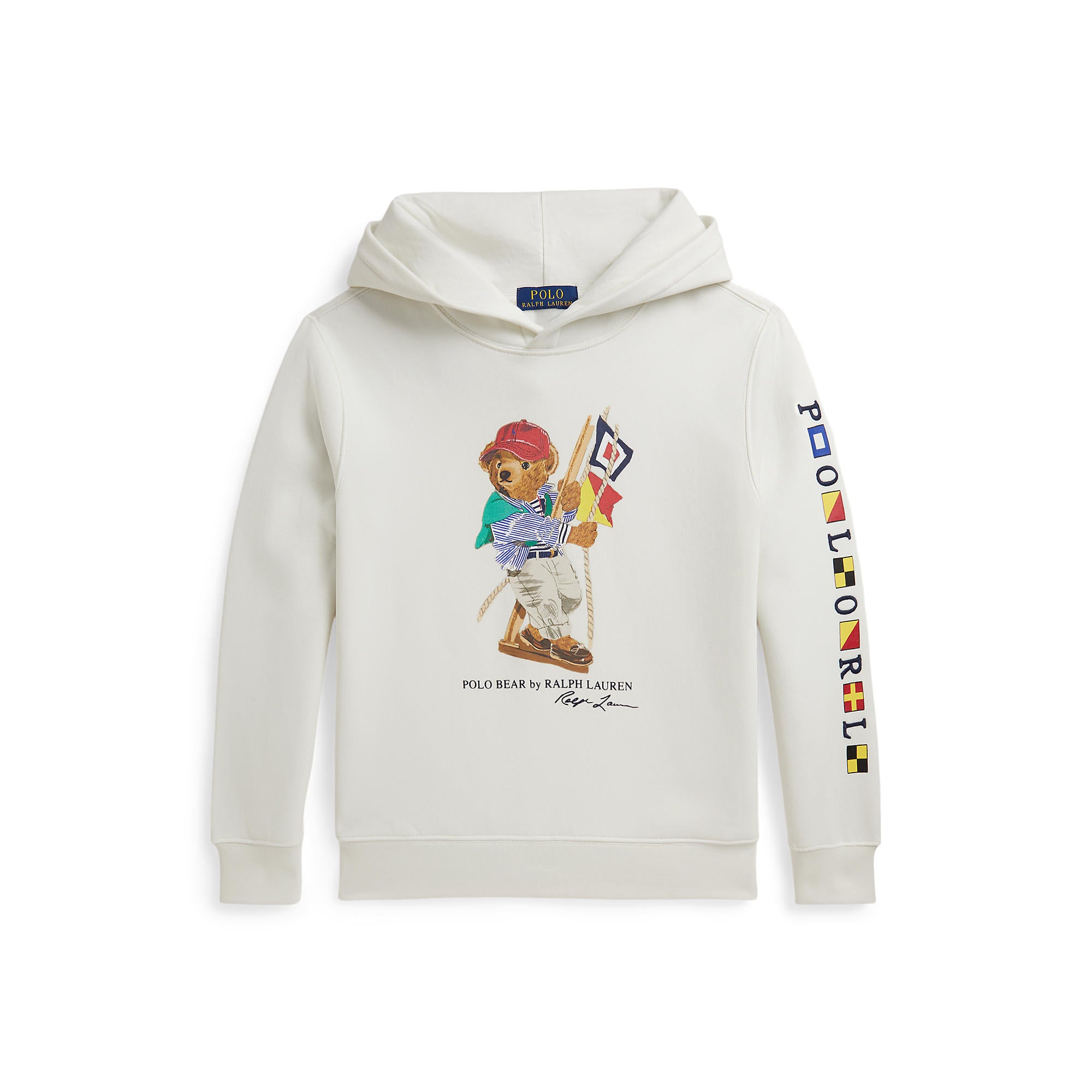 White hoodie with Polo Bear graphic and Ralph Lauren logo on a white background