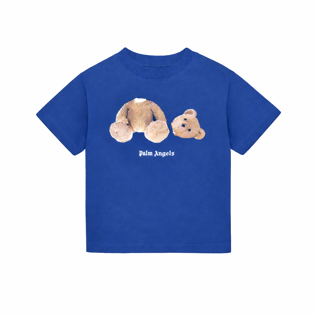 Blue t-shirt with teddy bear graphic and 'Palm Angels' logo on a white background