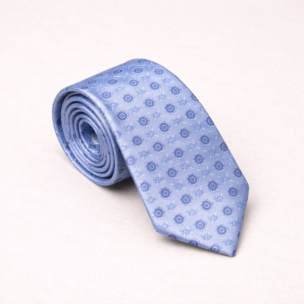 Rolled-up light blue tie with a subtle pattern on a white background