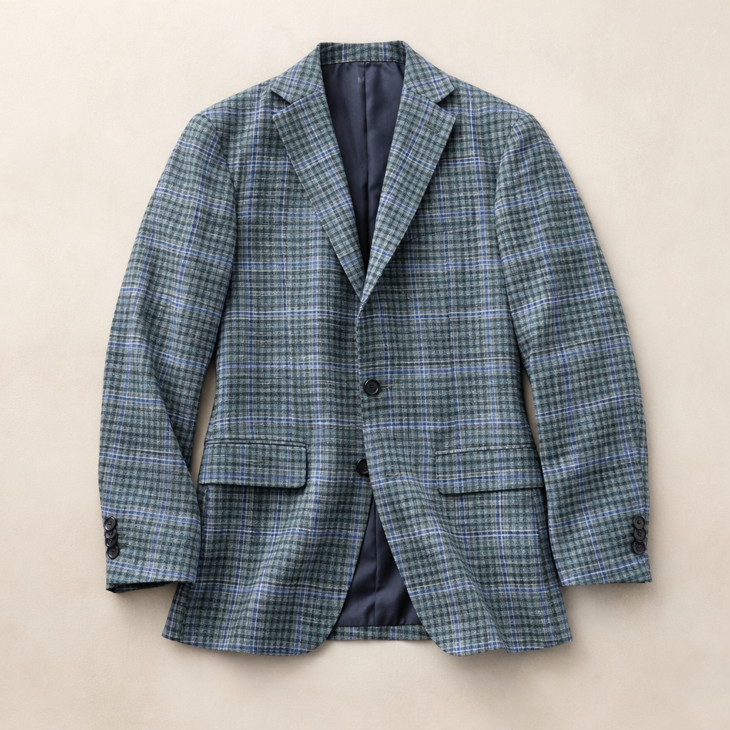 Blue plaid blazer on a beige background