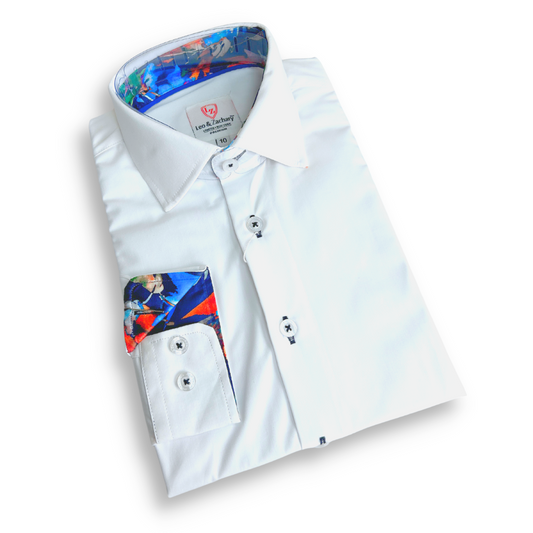 Leo & Zachary Boys White/Navy Stitch Non-Iron Dress Shirt_5518