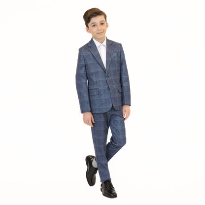 Leo & Zachary Boys Slim Denim Plaid Stretch Suit_Blue 5820