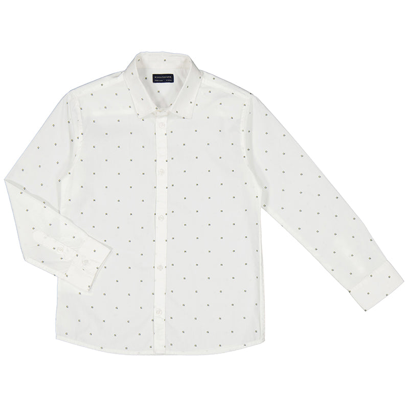 classic long sleeved WHITE cotton shirt with a small overall pattern