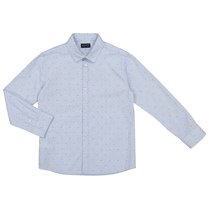 classic long sleeved BLUE cotton shirt with a small overall pattern