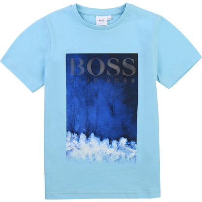 Graphic printed BOSS short sleeve T-shirt,  with logo on the front, Light blue t-shirt with shaded blues in graphic and cloud like image on bottom. Branded woven label on side.  SLIM FIT  100% cotton.
