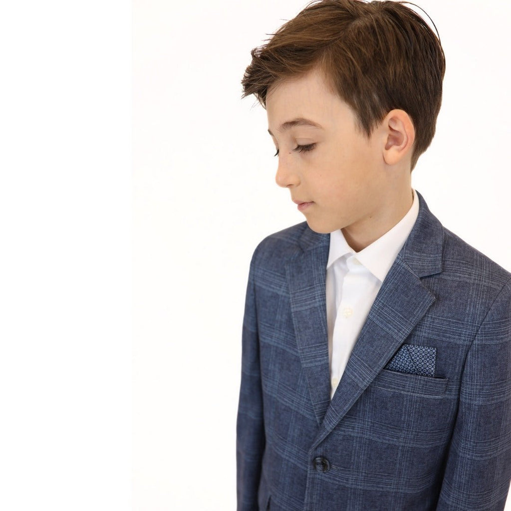 Leo & Zachary Boys Slim Denim Plaid Stretch Sports Jacket_Blue BLZ5820 - NorthBoys