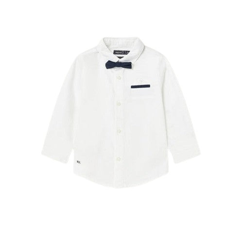 white cotton/linen dress shirt for baby with navy bowtie and navy piping on front pocket
